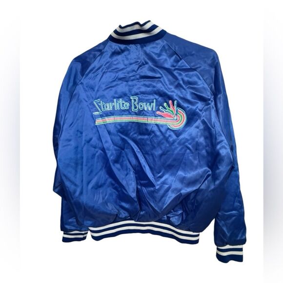 Vintage Blue Satin Starlite Bowl RENO NV Bowling Alley MARK Men’s L Jacket NICE - Picture 1 of 5